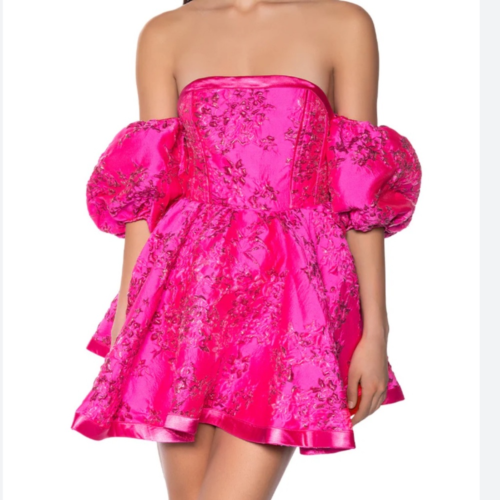 Off-Shoulder Hot Pink Mini Dress with Puff Sleeves